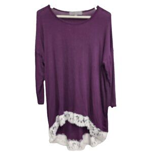 Absolutely Famous Womens BOHO Tunic Top Large Purple Jersey 3/4 Sleeve Lace‎ Hem